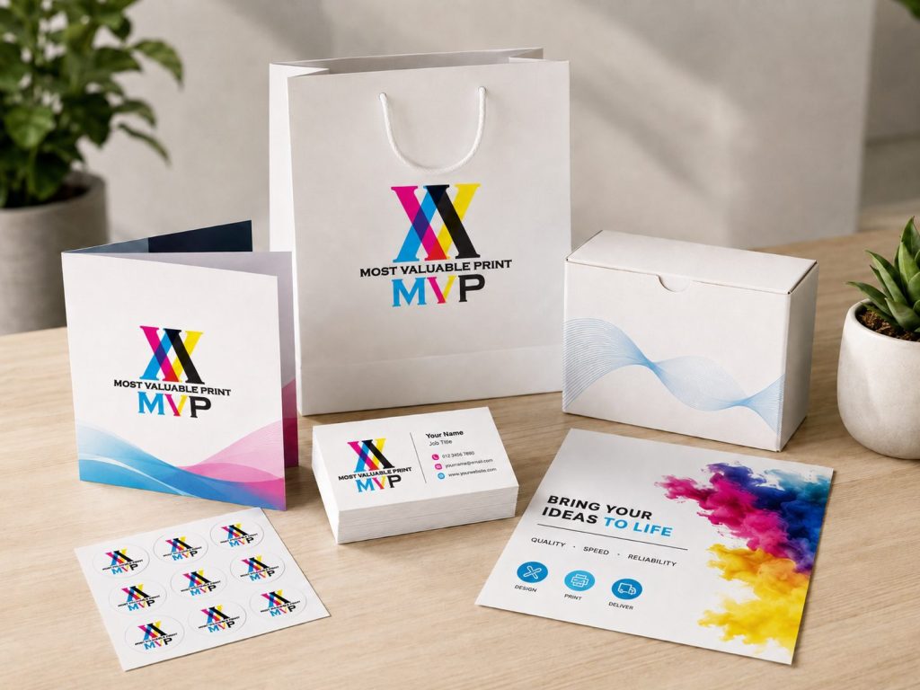 Printed products by Most Valuable Print, an online printing service in Malaysia for business cards, brochures, stickers, packaging and marketing materials